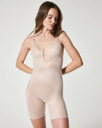 Suit Your Fancy Plunge Low-Back Mid-Thigh Bodysuit By Fashionata $5 default Champagne/Beige thumbnail